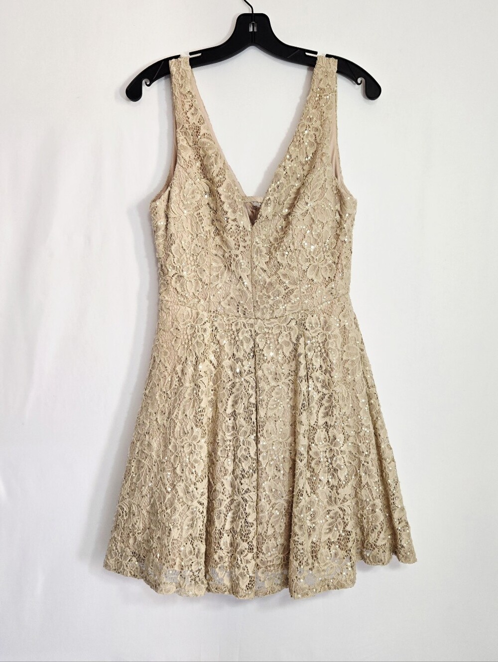 Jodi Kristopher Dress Juniors 9 Beige Gold Sequin Lace Fit Flare Mini/Short
